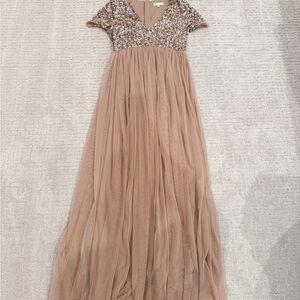 Maternity Sequin Bodice Tulle Maxi Dress in Taupe